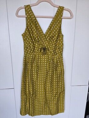 J Crew 2 Polka Dot 100% Silk V Neck Sheath Dress Chartreuse